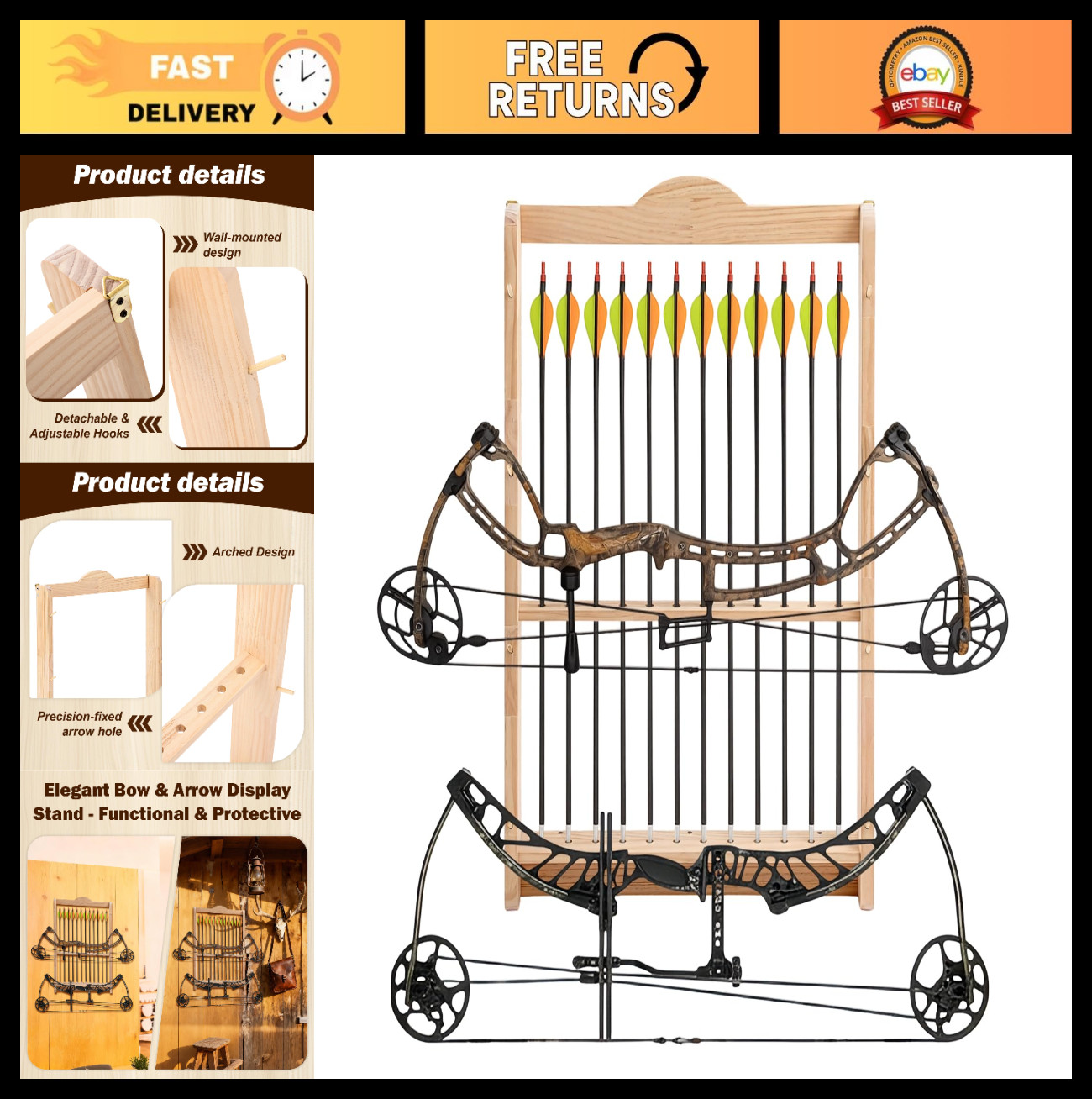 Wall Mounted Bow & Arrow Rack - 2 Bow Holder, 12 Arrow Storage, Handcrafted Disp