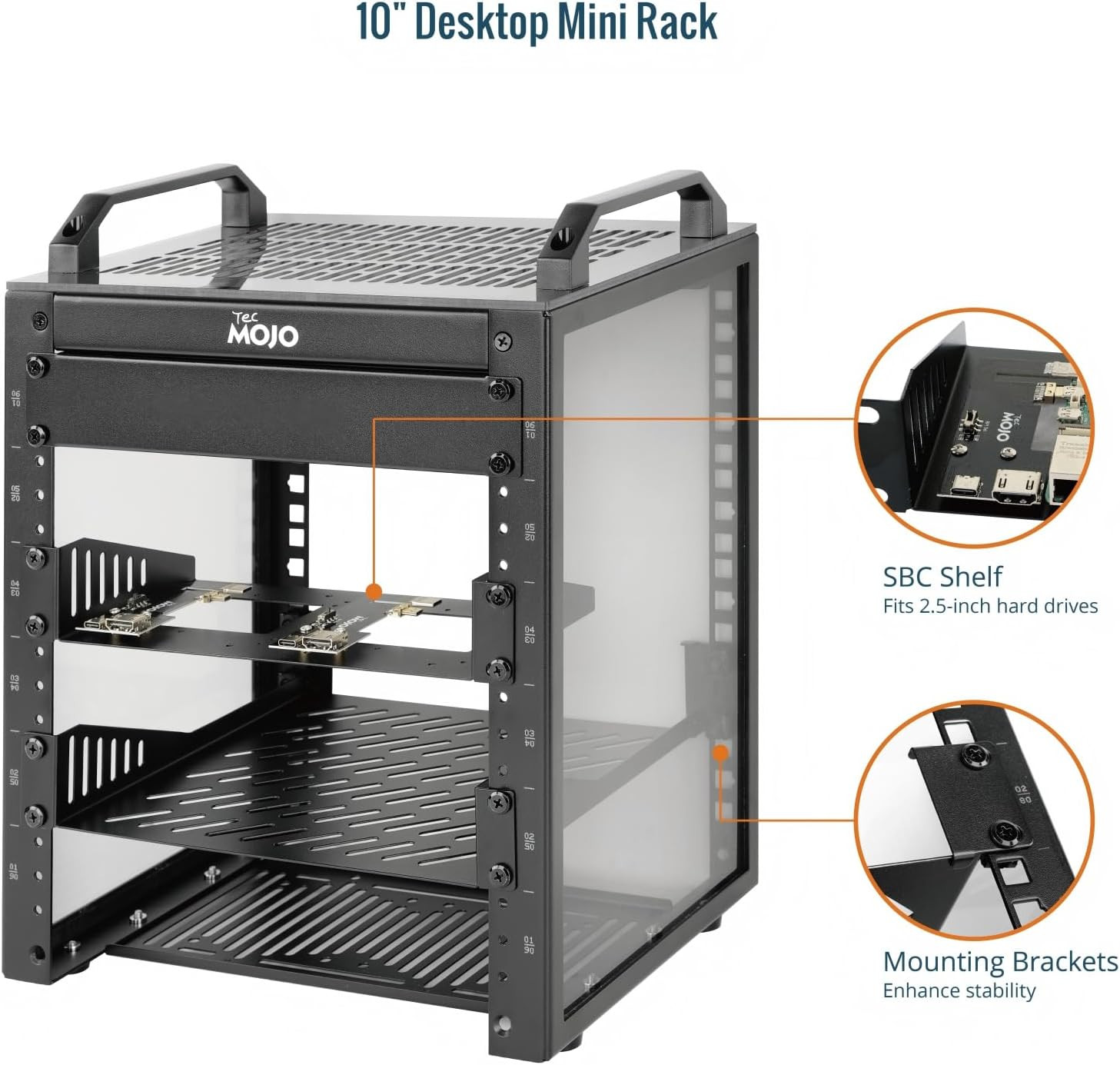 Compact 6U Mini Network Rack with Translucent Panels & Handles, Black