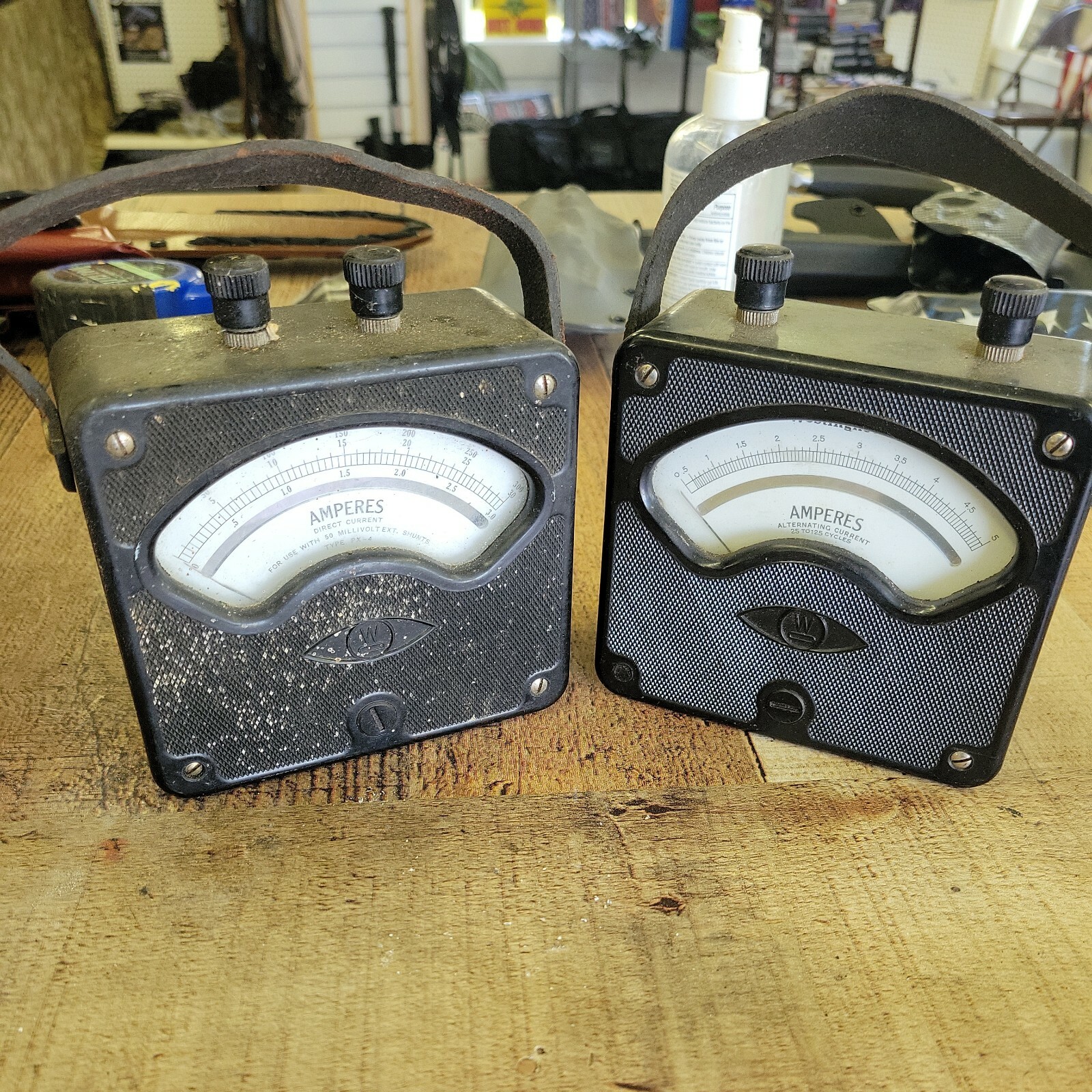 Vintage Westinghouse 1940's AMPMETERS (1) DC & 1 (AC) w Original Leather Straps
