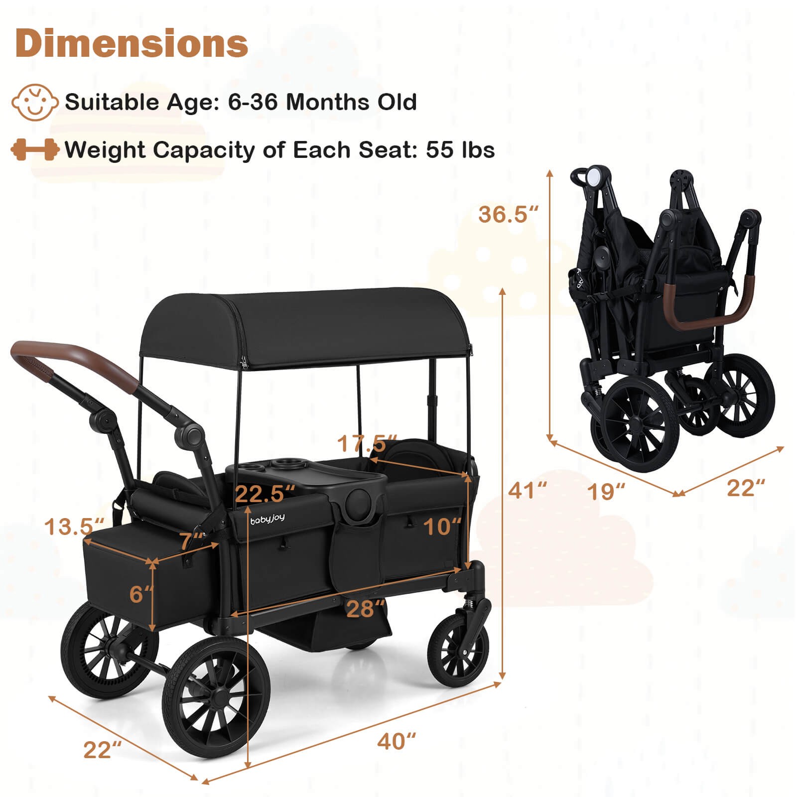 Foldable Wagon Stroller for 2 Kids, Double Seater Toddler Stroller w/ Canopy