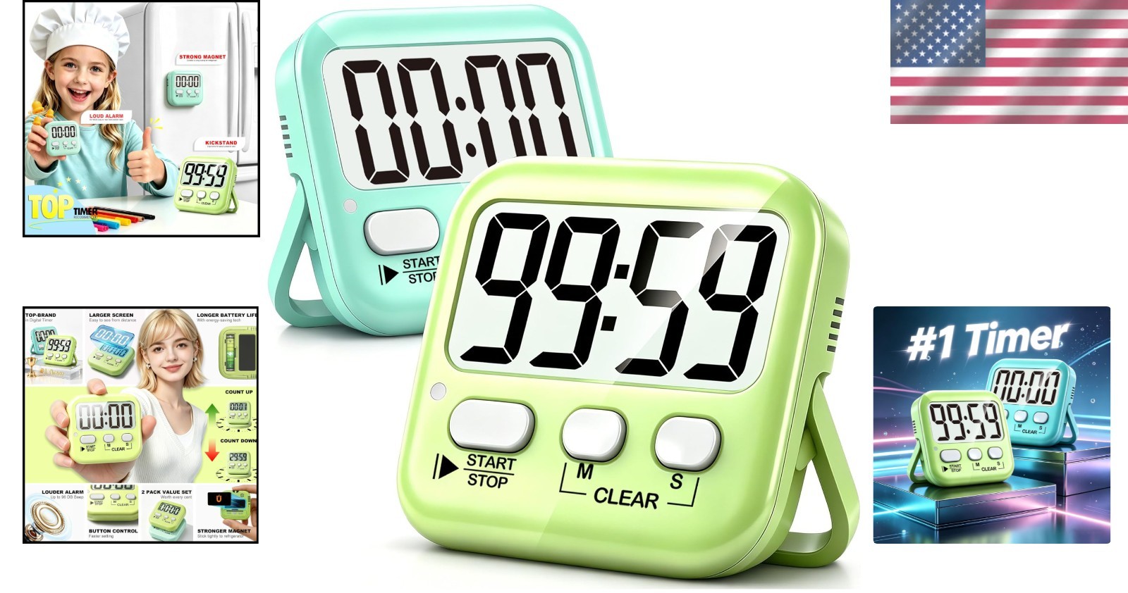 Cute Macaron Digital Timer Set - 2 Magnetic Kitchen & Classroom Countdown Timers