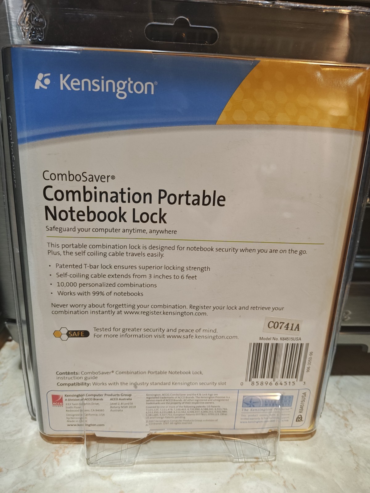Kensington ComboSaver Combination Notebook Lock Self-Coiling Cable K64515USA