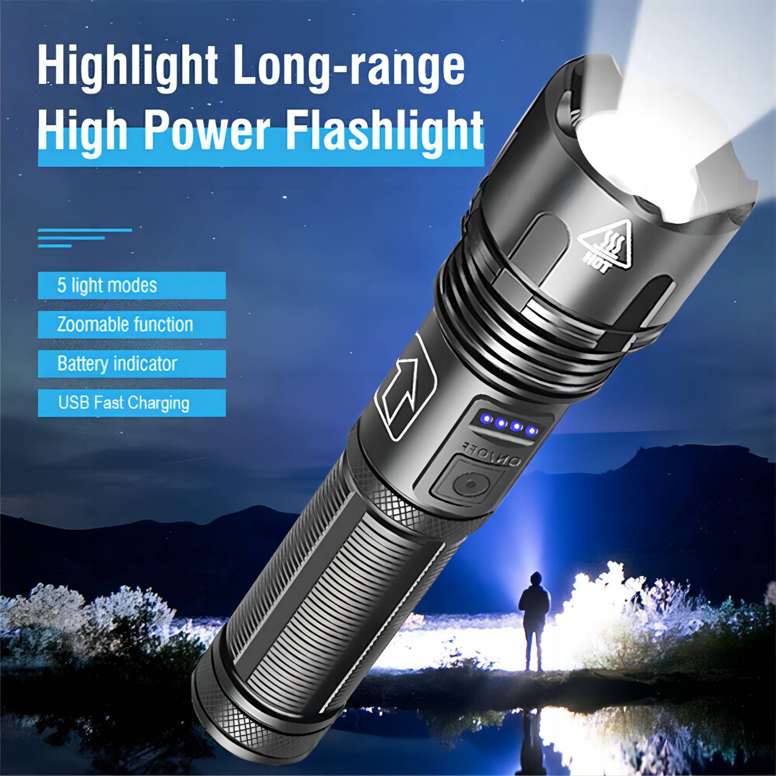 LED Flashlight 1000 lumens Super Bright Tactical Rechargeable Retractable Zoom