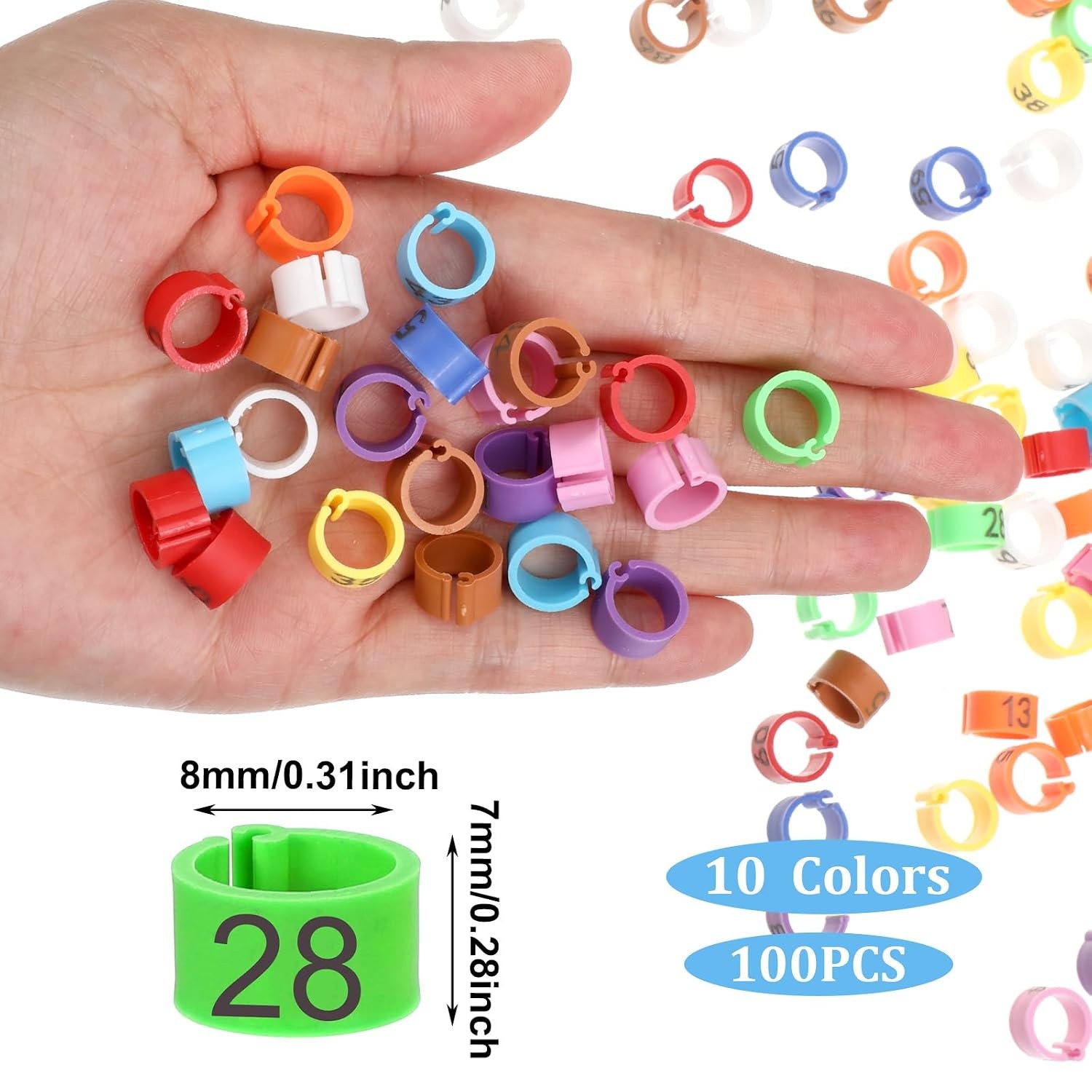 8mm Readable Numbered Bird Leg Rings, 10 Colors, Quail, Pigeon, Chicken