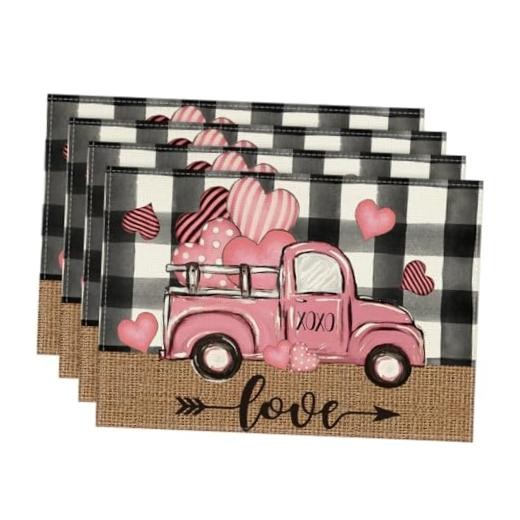Pink Car Black Buffalo Plaid Love Rectangular 4 Pcs, 12" x 18" Black/Pink