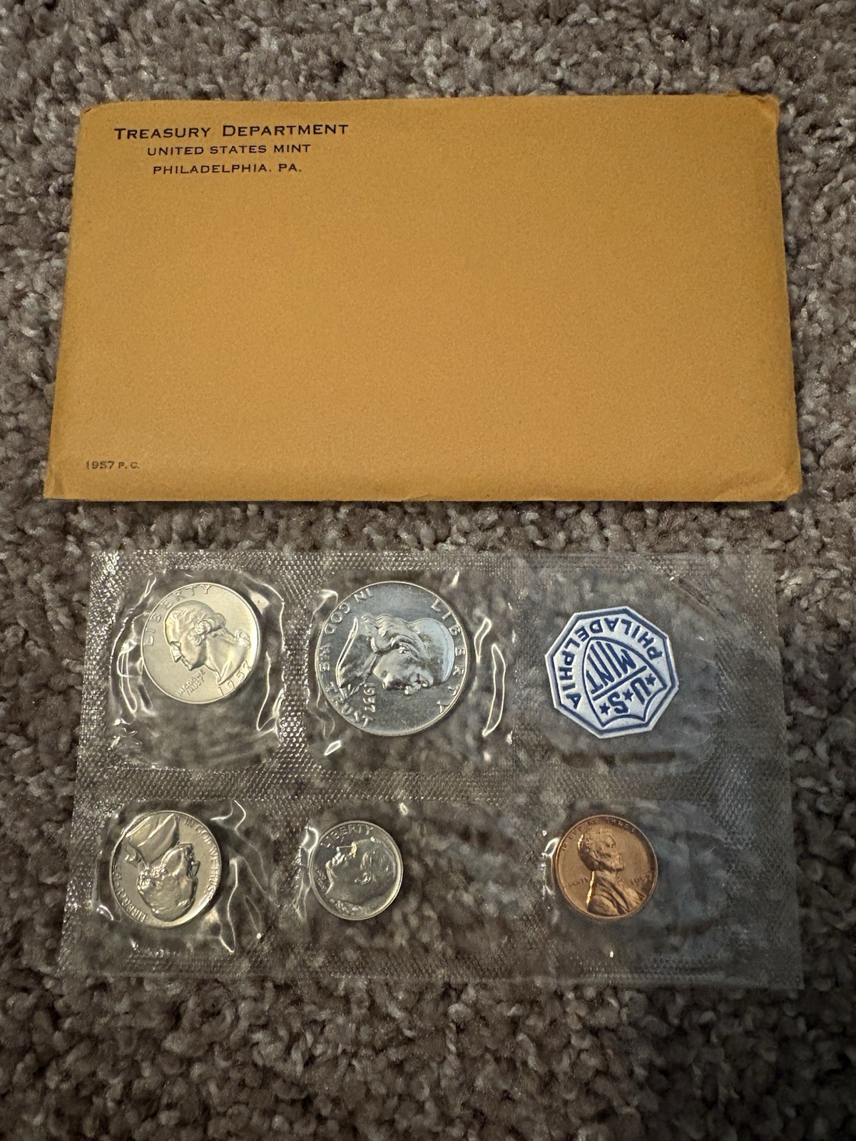 1957 US Mint Proof Set, flat pack with envelope