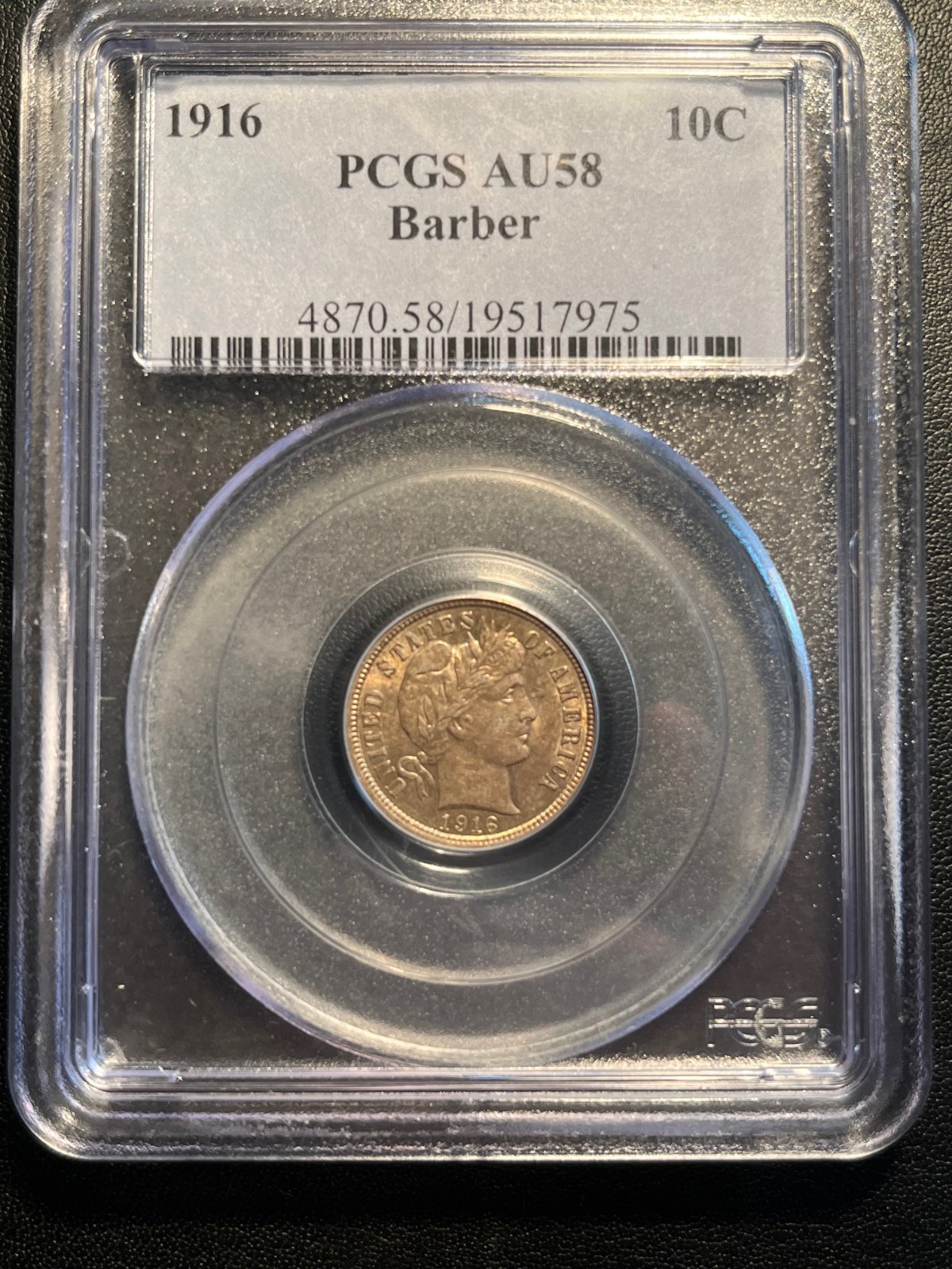 1916 Barber Dime - Beautiful PCGS AU58 Slider Sharp Strike light pinkish Tone
