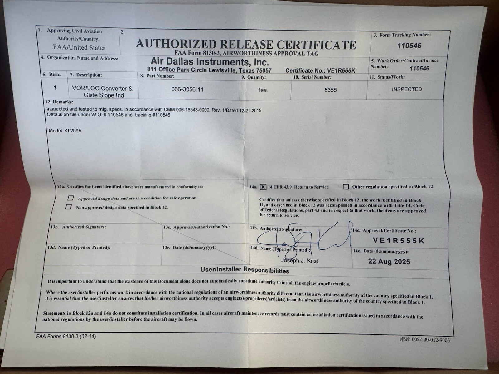 Bendix King KI209A 066-3056-11 8130 (Inspected)