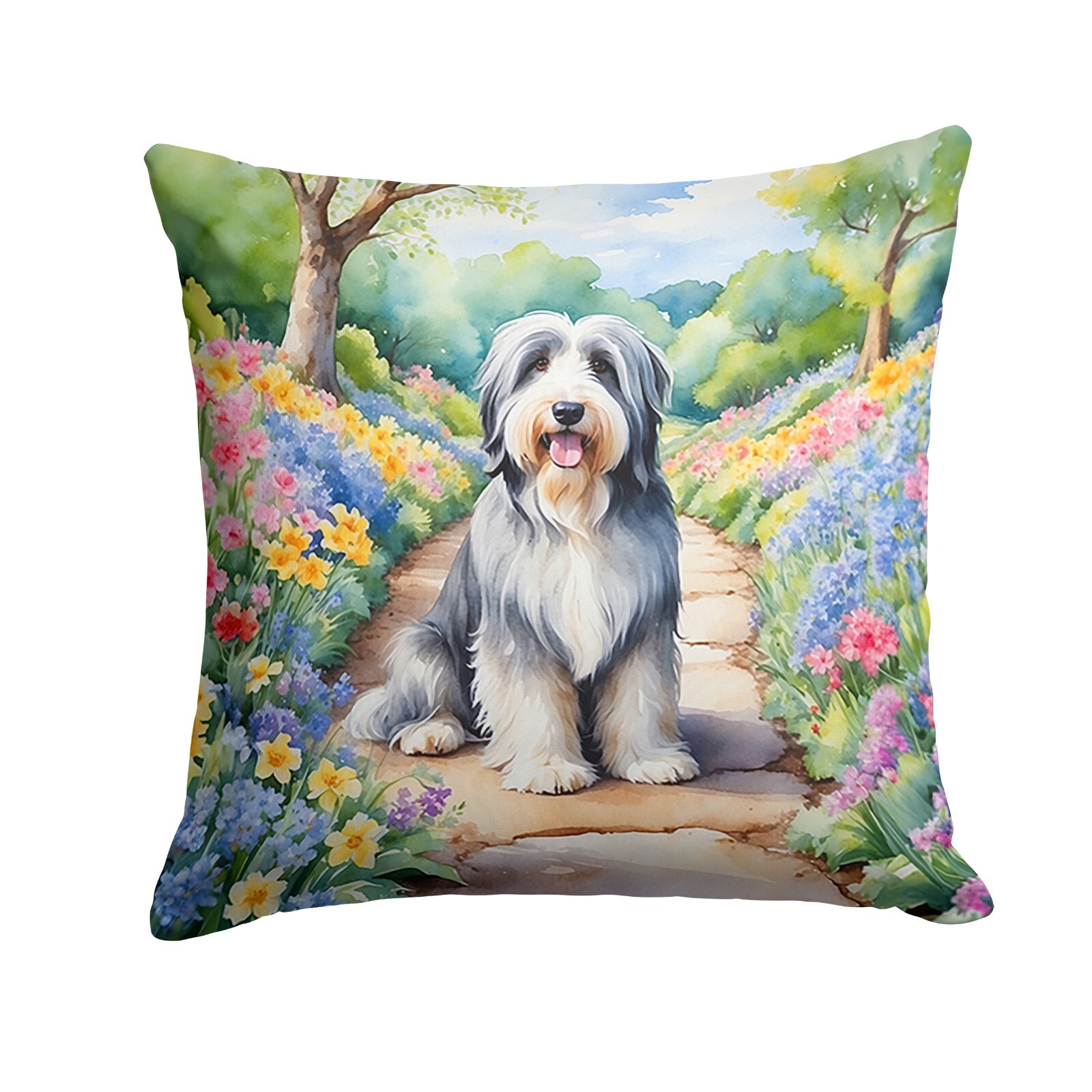 Bearded Collie Spring Garden Path Throw Pillow
