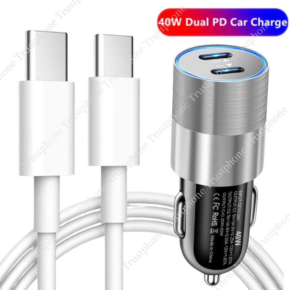 Dual Type C PD Fast 40W Car Charger Adapter For Samsung A34 A13 iPhone 15 Pro