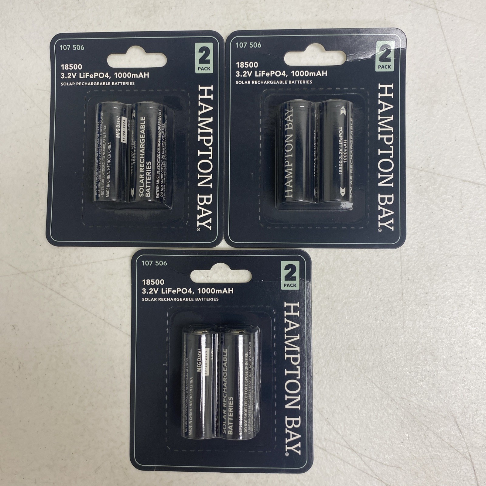 Lot Of (6)Hampton Bay Lithium Phosphate Solar Rechargeable 18500 3.2V Batteries