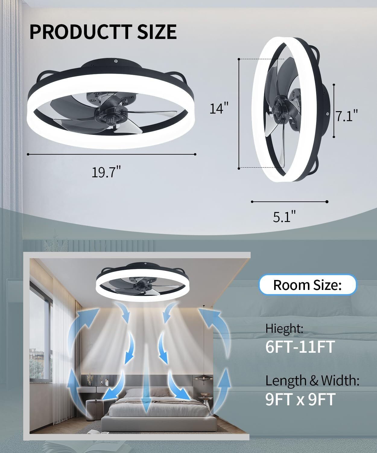 20'' Modern Flush Mount Ceiling Fan with Lights and Remote 3000-6000K Dimmable