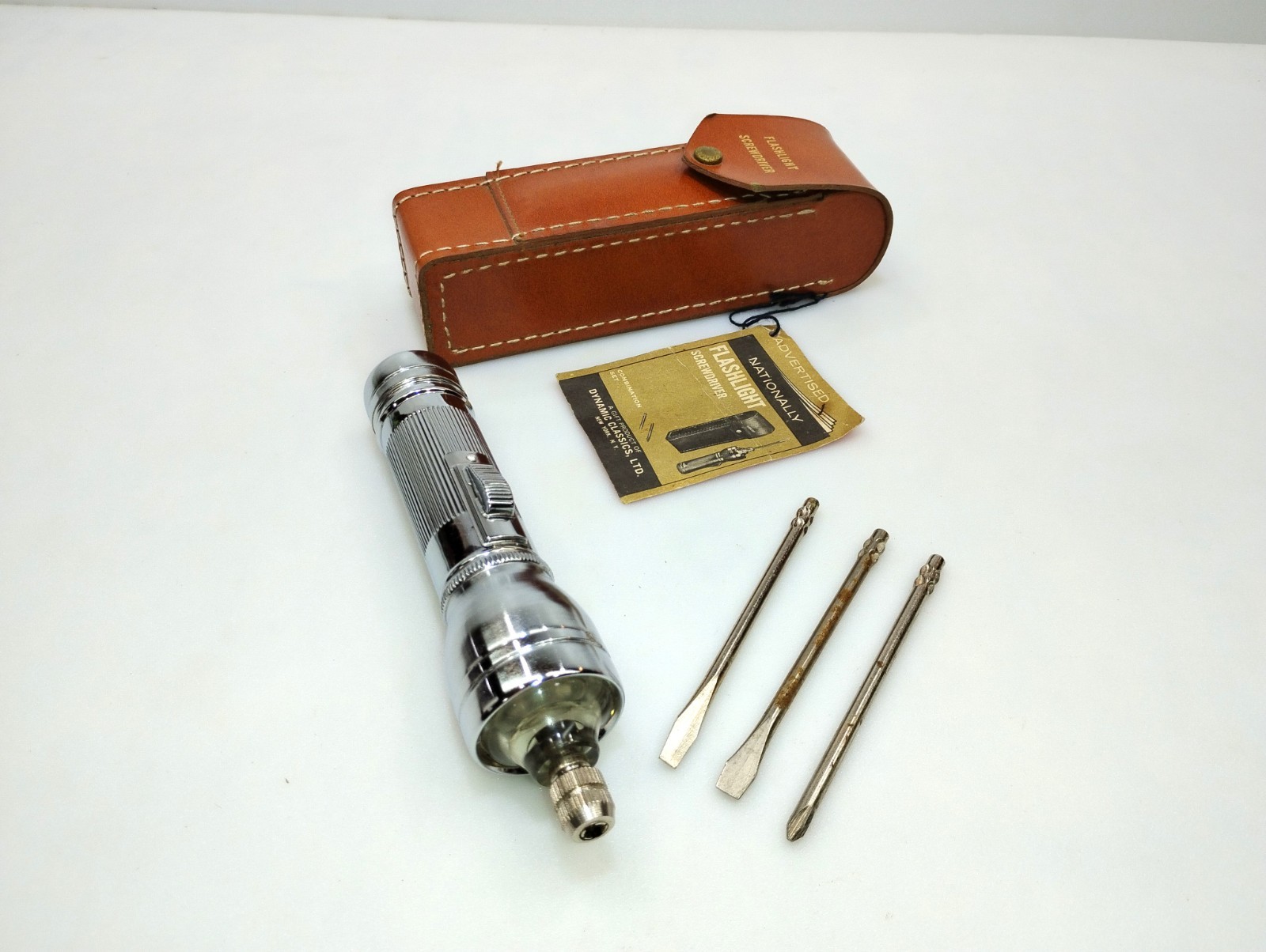 Vintage 1950s/60s Nationally Flashlight Screwdriver Set in Leather Case - Unused