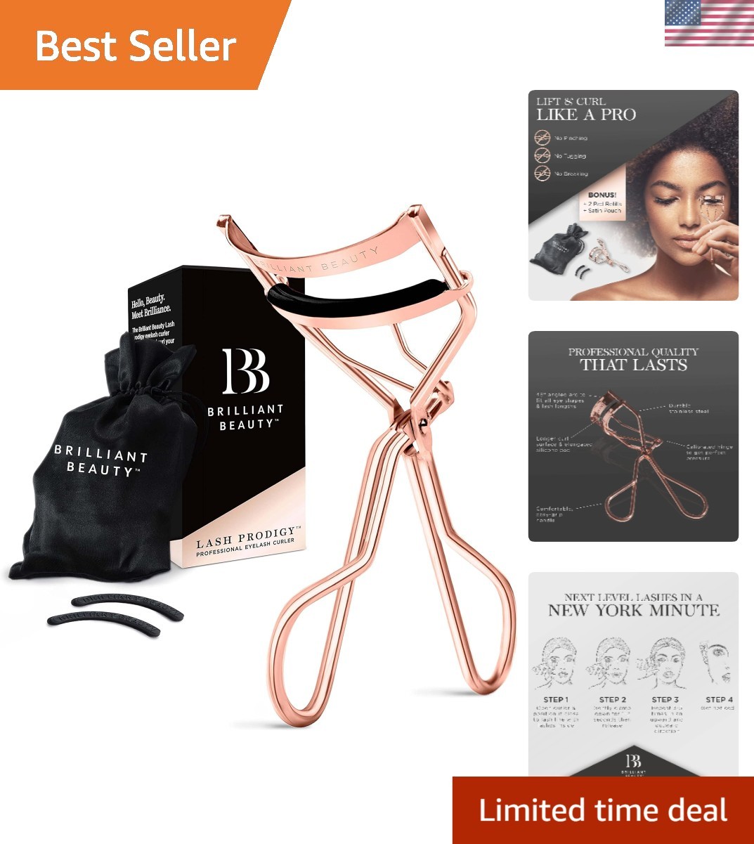Compact Eyelash Curler Set with Satin Travel Bag & Refill Pads - No Pinching