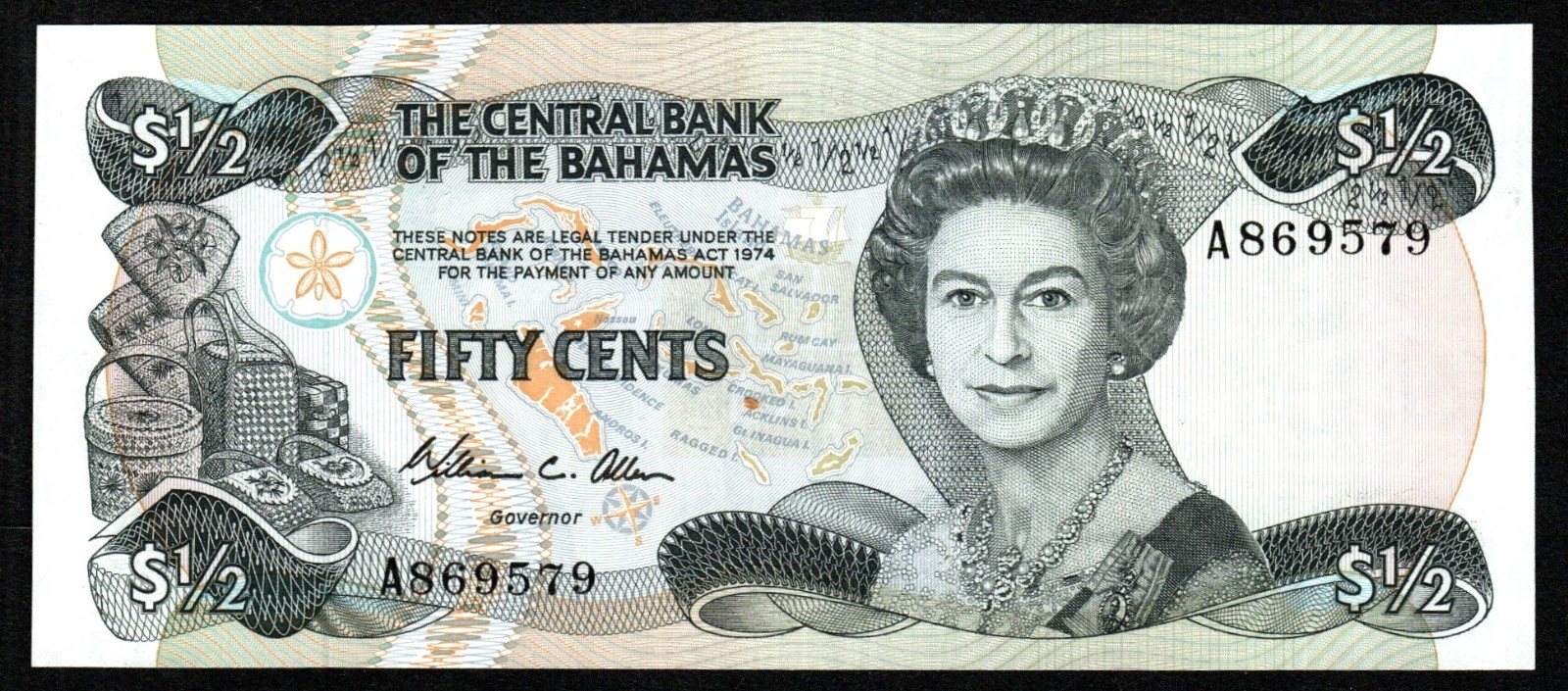 BAHAMAS 50 CENTS BANKNOTE CURRENCY 1974.ND - QUEEN ELIZABETH II - AU - UNC