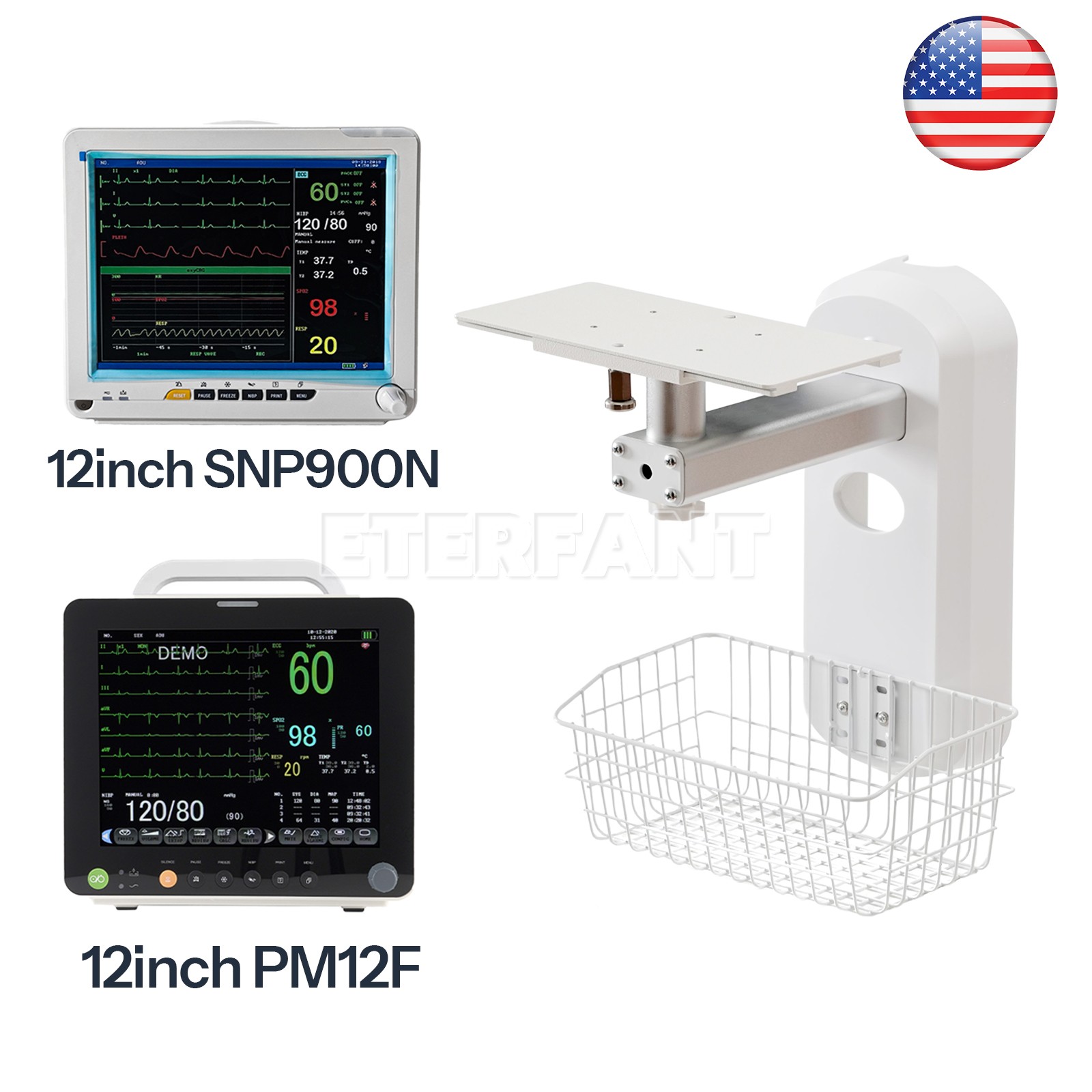 ETERFANT 12" Patient Monitor Vital Sign ECG NIBP RESP TEMP PR/Wall Mount Bracket
