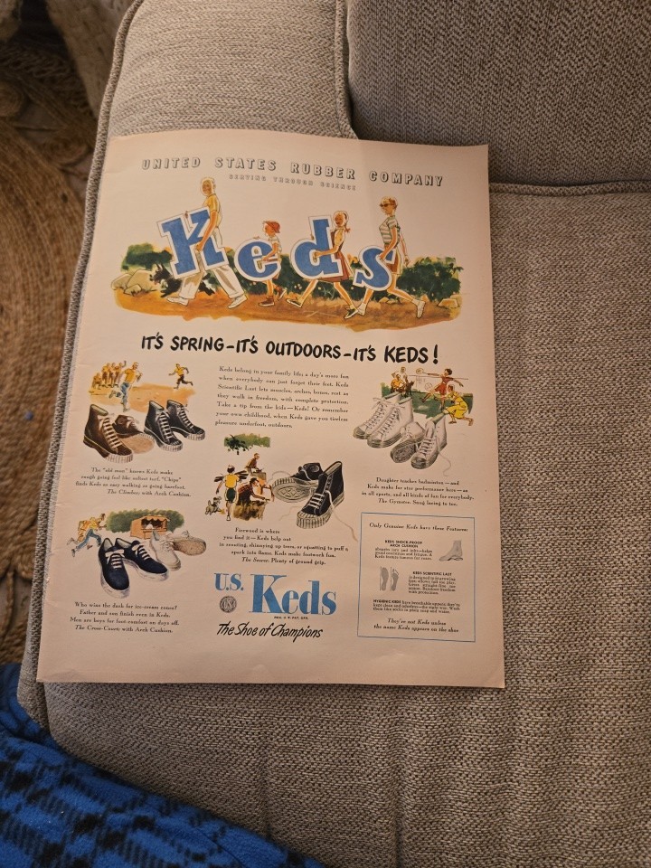1947 Keds Shoes hi-tops family carrying letters art us rubber vintage Ad 10x14