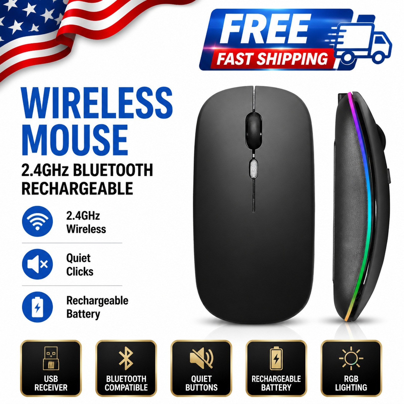 Wireless Mouse 2.4GHz Bluetooth Rechargeable Quiet Ergonomic Gaming USB