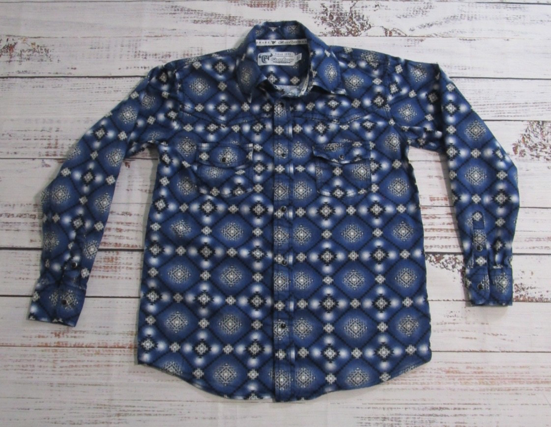 Cowboy Hardware Blue Western Aztec Full Snap Collared Shirt Youth Boys Med 7/8