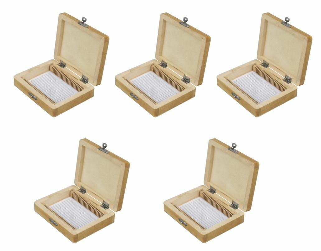 AmScope 5-Pack of Wooden Holding Boxes for Microscope Slides - Each Holds 25pcs