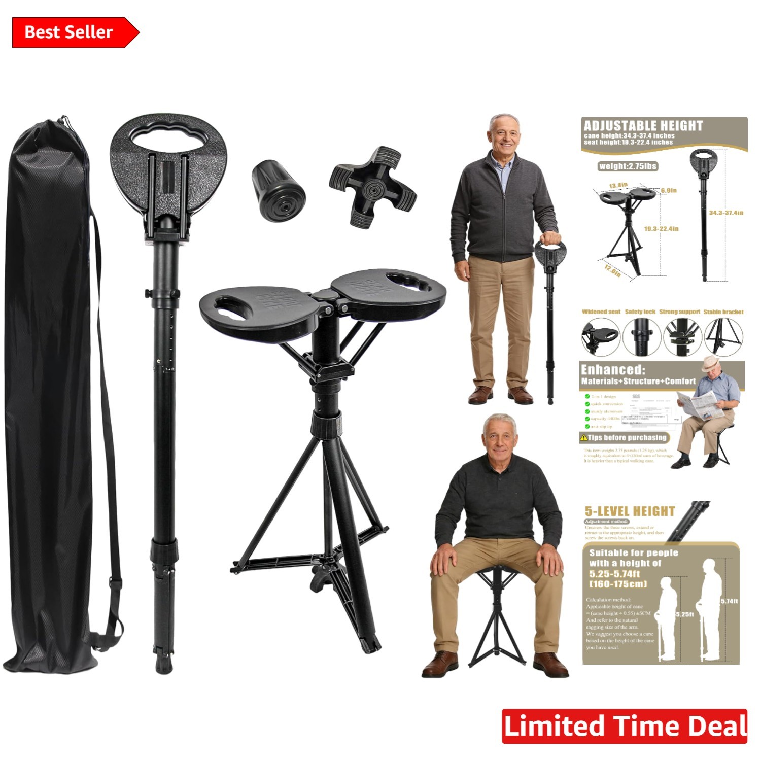 Comfortable Folding Cane with Chair - Adjustable Height & 440lbs Load Capacity