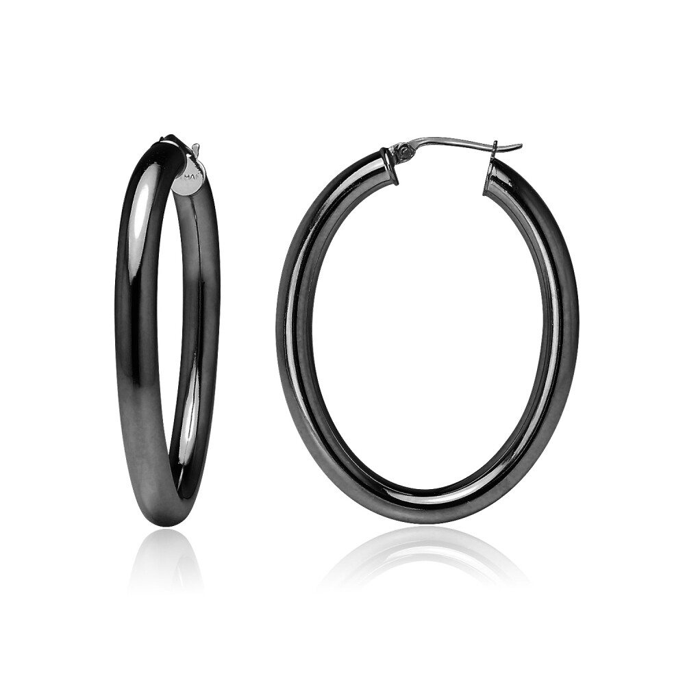 Oval 4mm Hoop Earrings in Black Plated Sterling Silver, 30mm