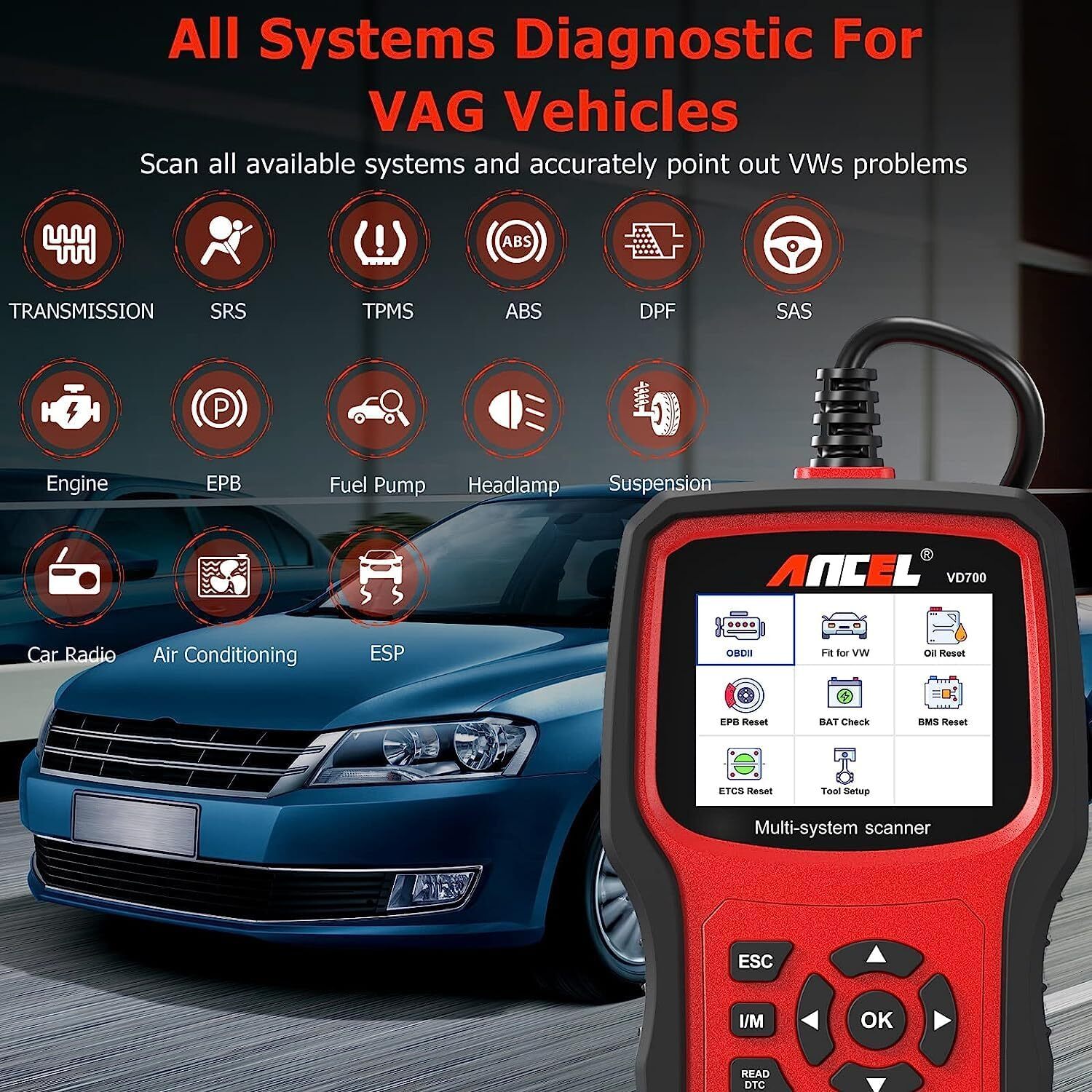 ANCEL VD700 Full System Diagnostic ABS SRS EPB OBD2 Scanner Code Reader For VAG
