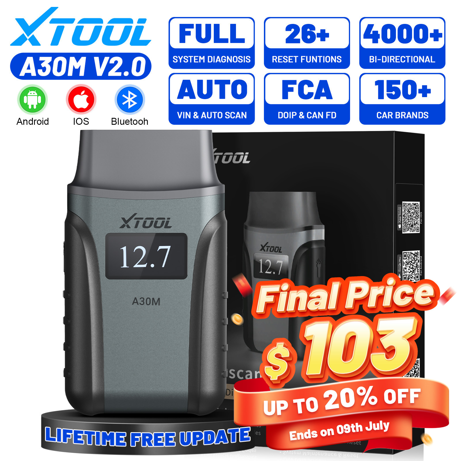 XTOOL A30M V2.0 OBD2 Diagnostic Tool Bidirectional Scanner Automatic 26 Services