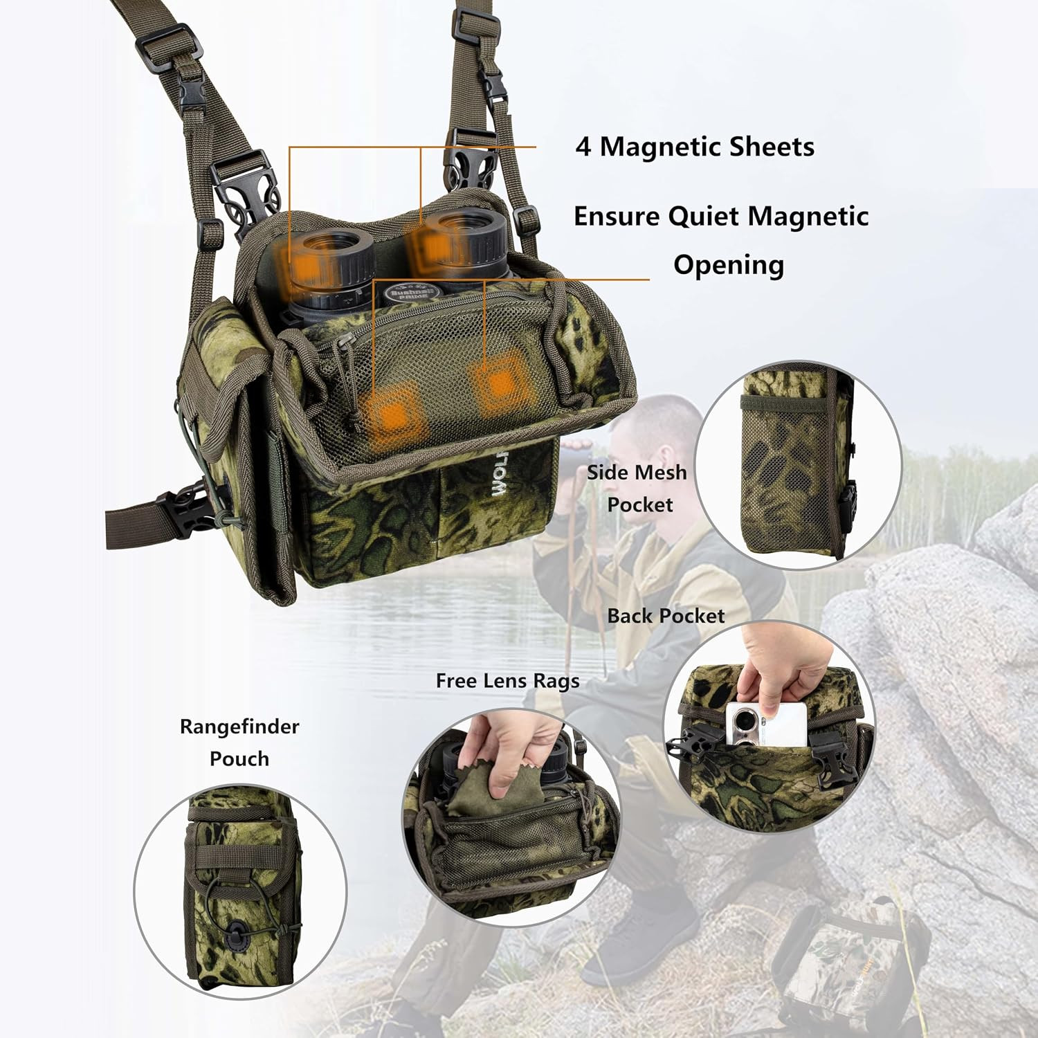 Binoculars Harness Chest Pack Magnetic with Detachable Rangefinder Pouch | 3-In-