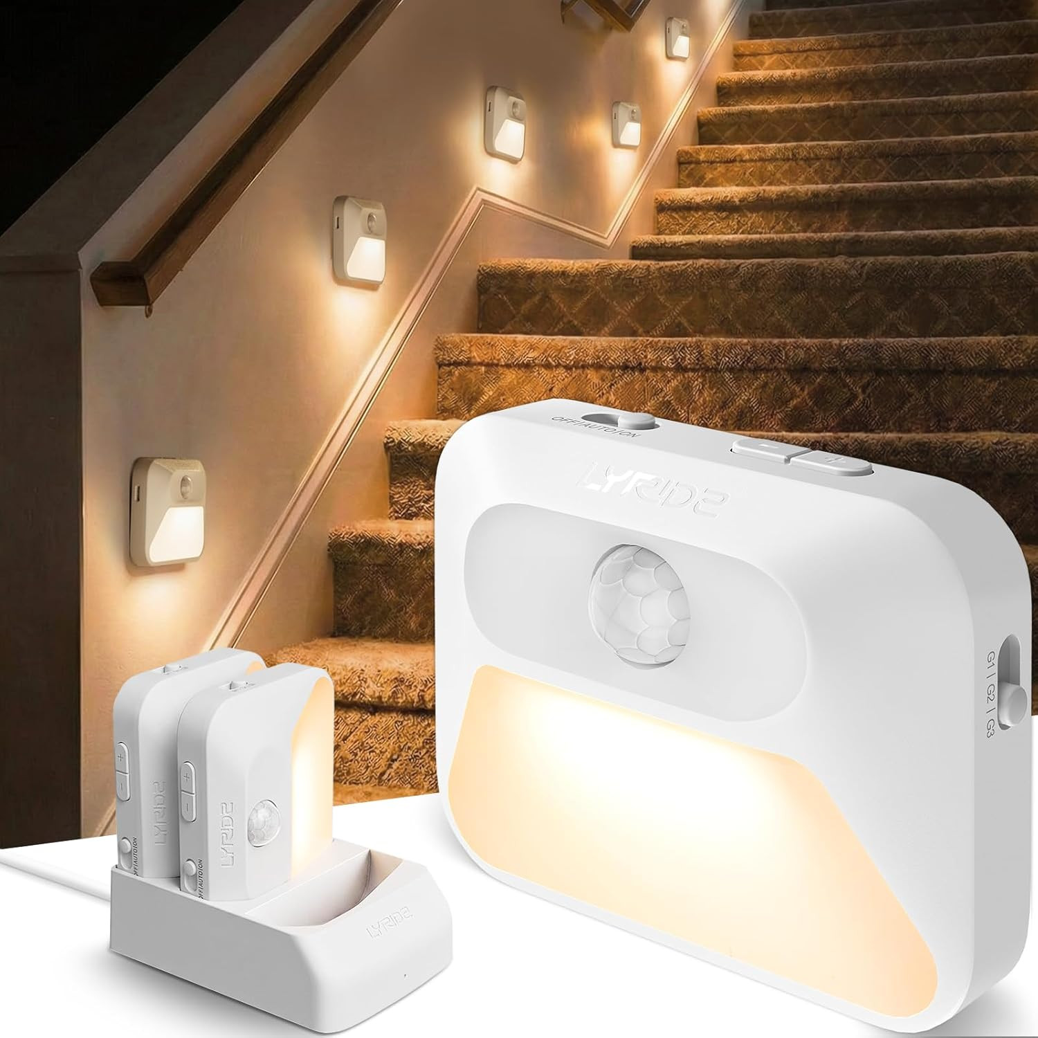 Rechargeable Sync Motion Sensor Night Lights with 3-In-1 Charging Dock, Stepless