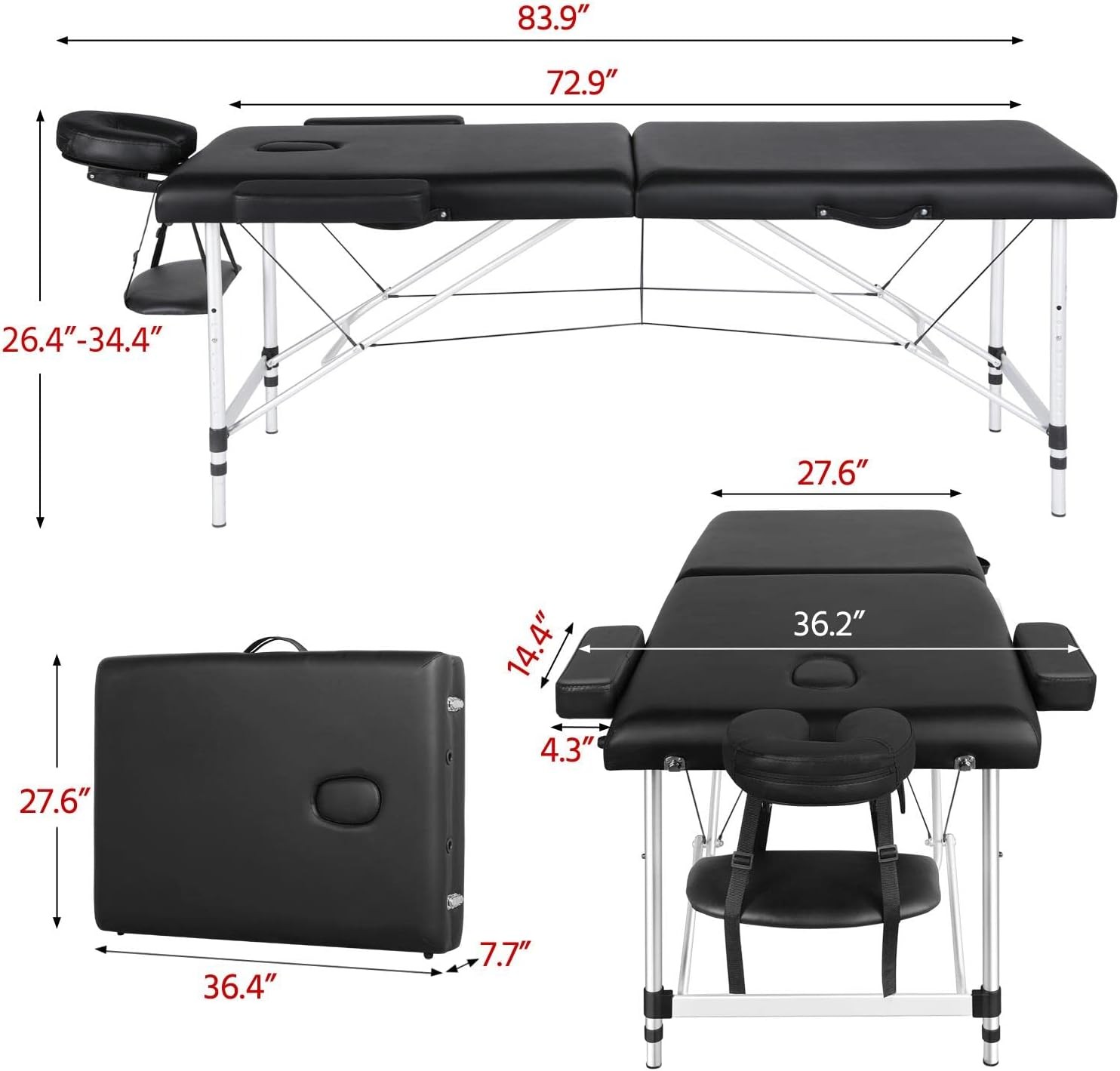 Portable Massage Table Foldable Adjustable Salon Lash Bed Black 28 in wide