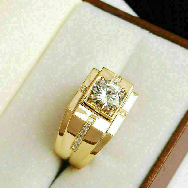 Men's Wedding Band Pinky Ring 2.0 Ct Round Simulated Diamond Yellow Gold Plated