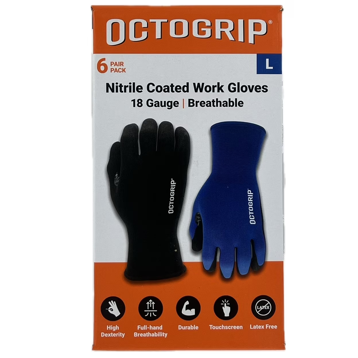 Octogrip Large Nitrile Coated Work Gloves 6 Pair 18 Gauge Touchscreen