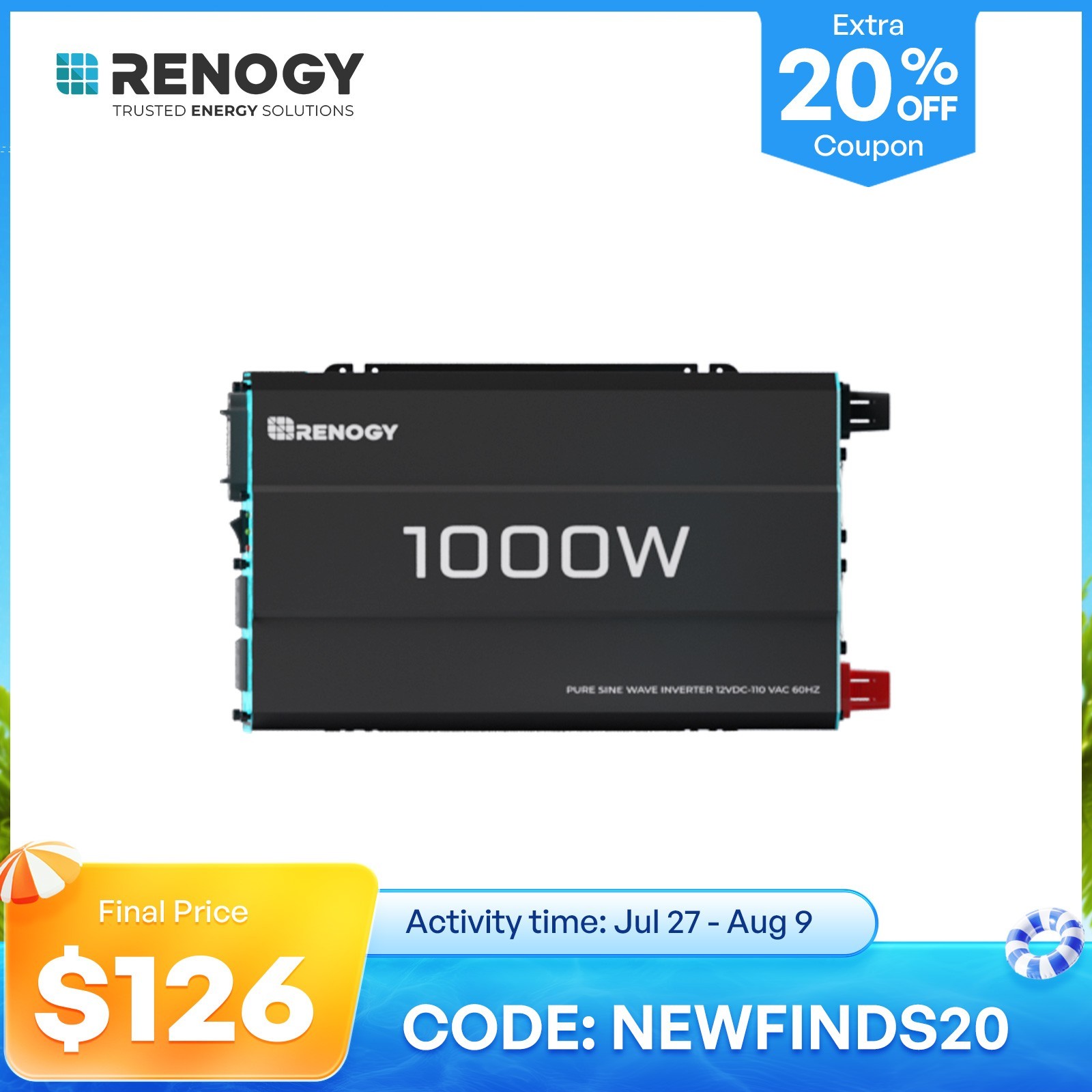 Renogy 1000W Pure Sine Wave Inverter 12V DC to 120V AC Converter Remote Control