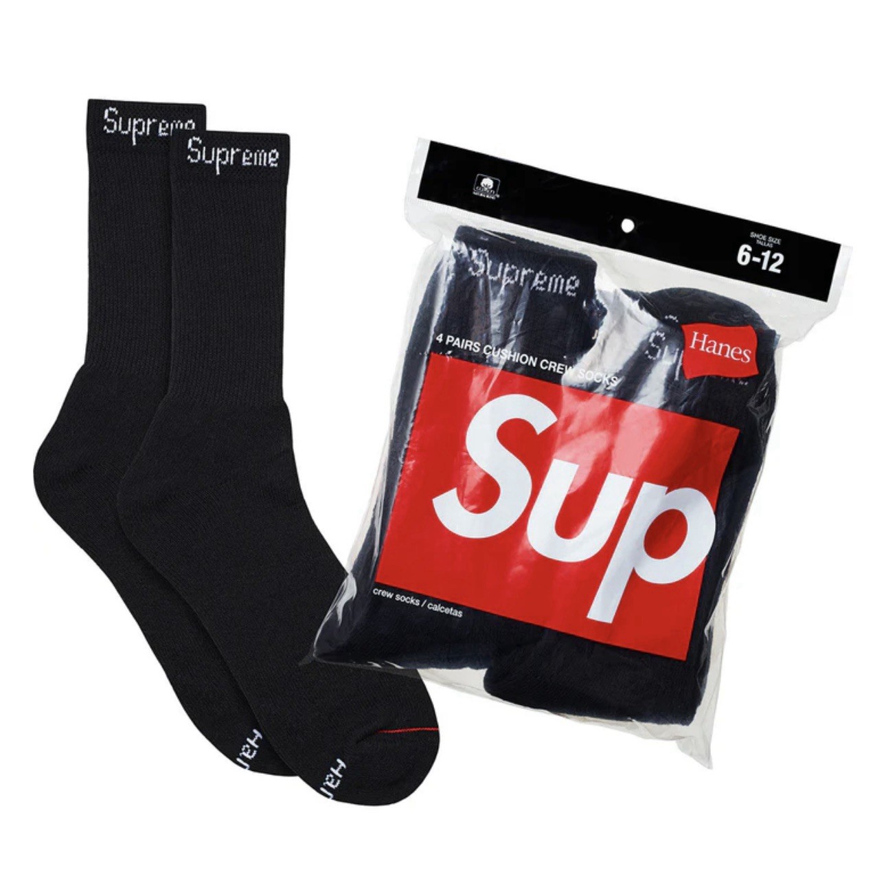 Supreme Hanes BLACK Crew Socks ONE (1) PAIR -Size 6-12 - NEW