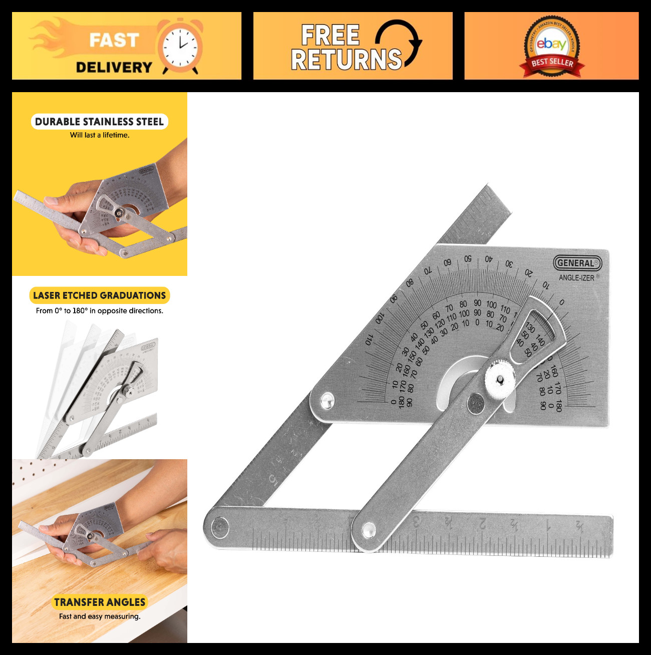 Stainless Steel Protractor & Angle Finder Tool - Measure Inside/Outside Angles 0