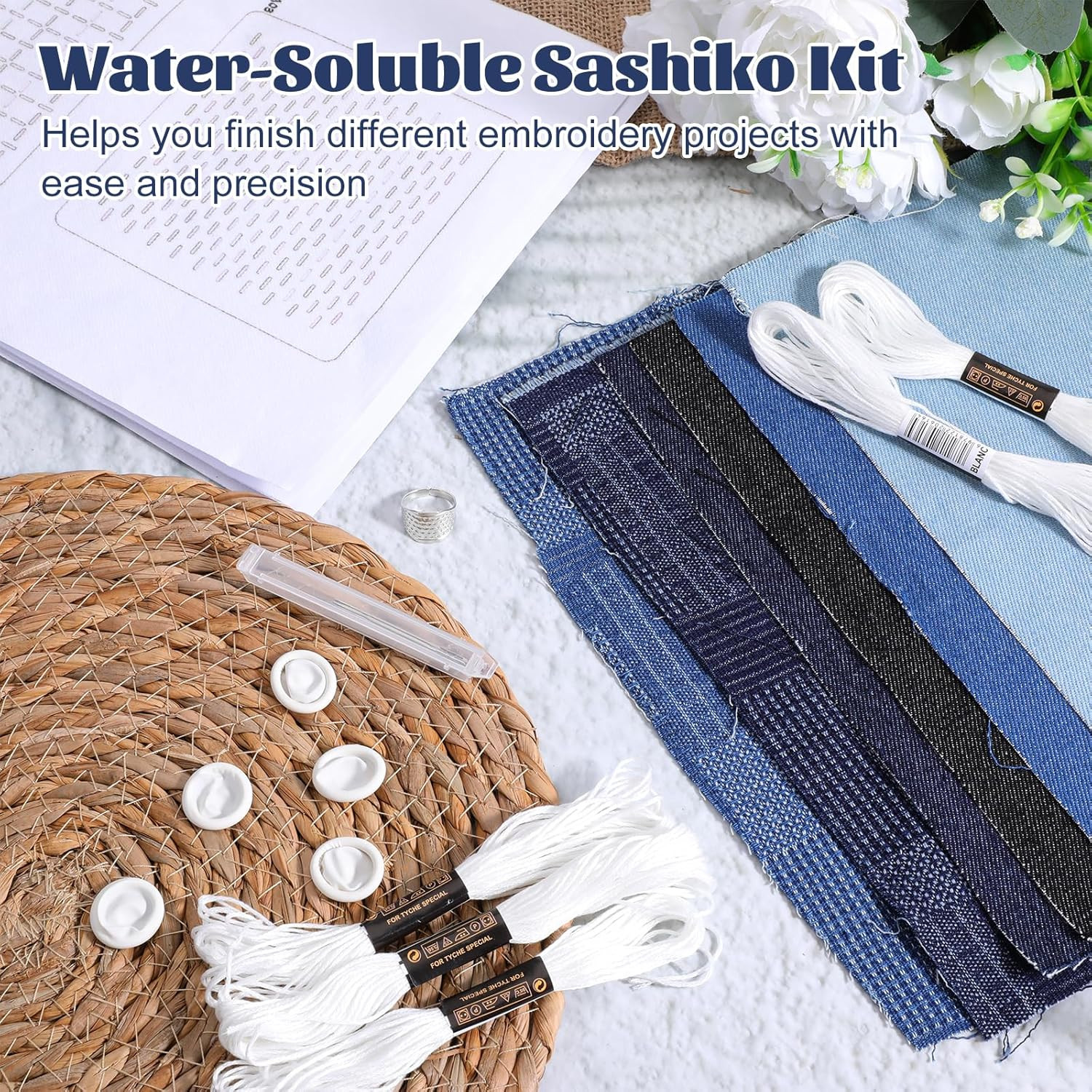 27Pcs Sashiko Kit, Sashikos Fabric Sashiko Stencils Kit Include 6Pcs Water So...