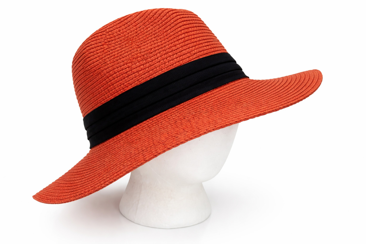Chic Womens Orange Straw Fedora Hat Medium Black Grosgrain Band Wide Brim Summer
