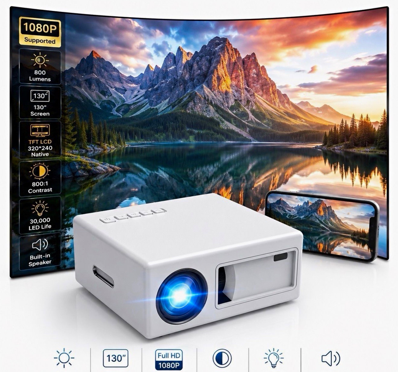 Mini Portable Wi-Fi Bluetooth TFT LCD Projector 1080p Support 800 Lumens White