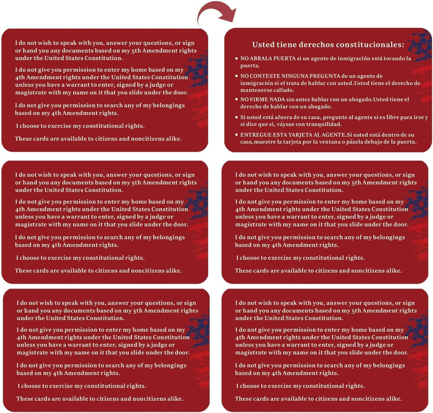 20-Pack Immigration Rights Red Cards - Bilingual Legal Reminder Cards