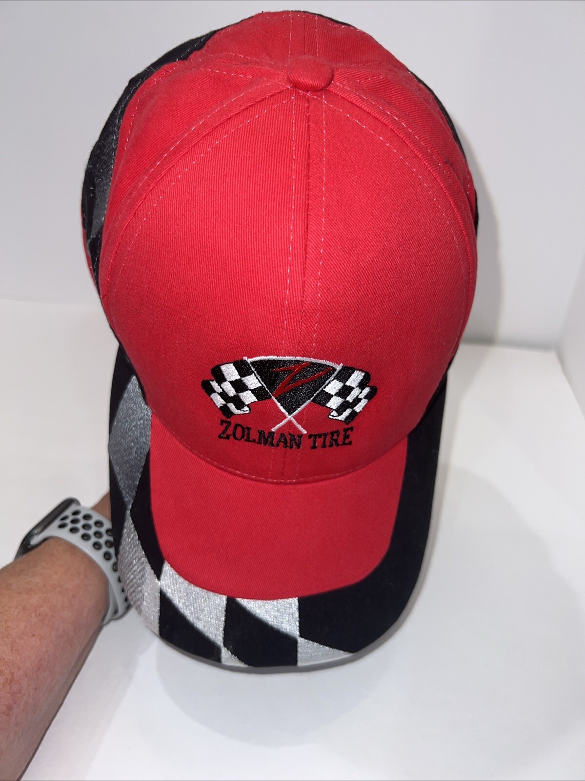 Zolman Tire Checkered Flags & Bill Accents Red Black Hat Cap Hook Loop EUC