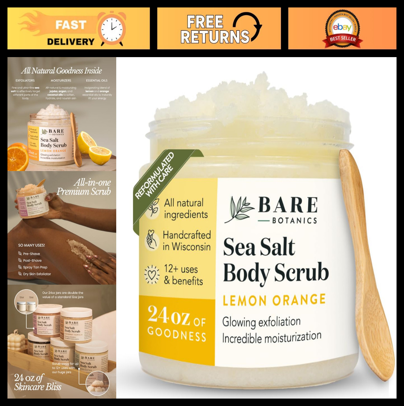 24oz Lemon Orange Sea Salt Body Scrub | Vegan, Non-Toxic Exfoliator & Moisturize