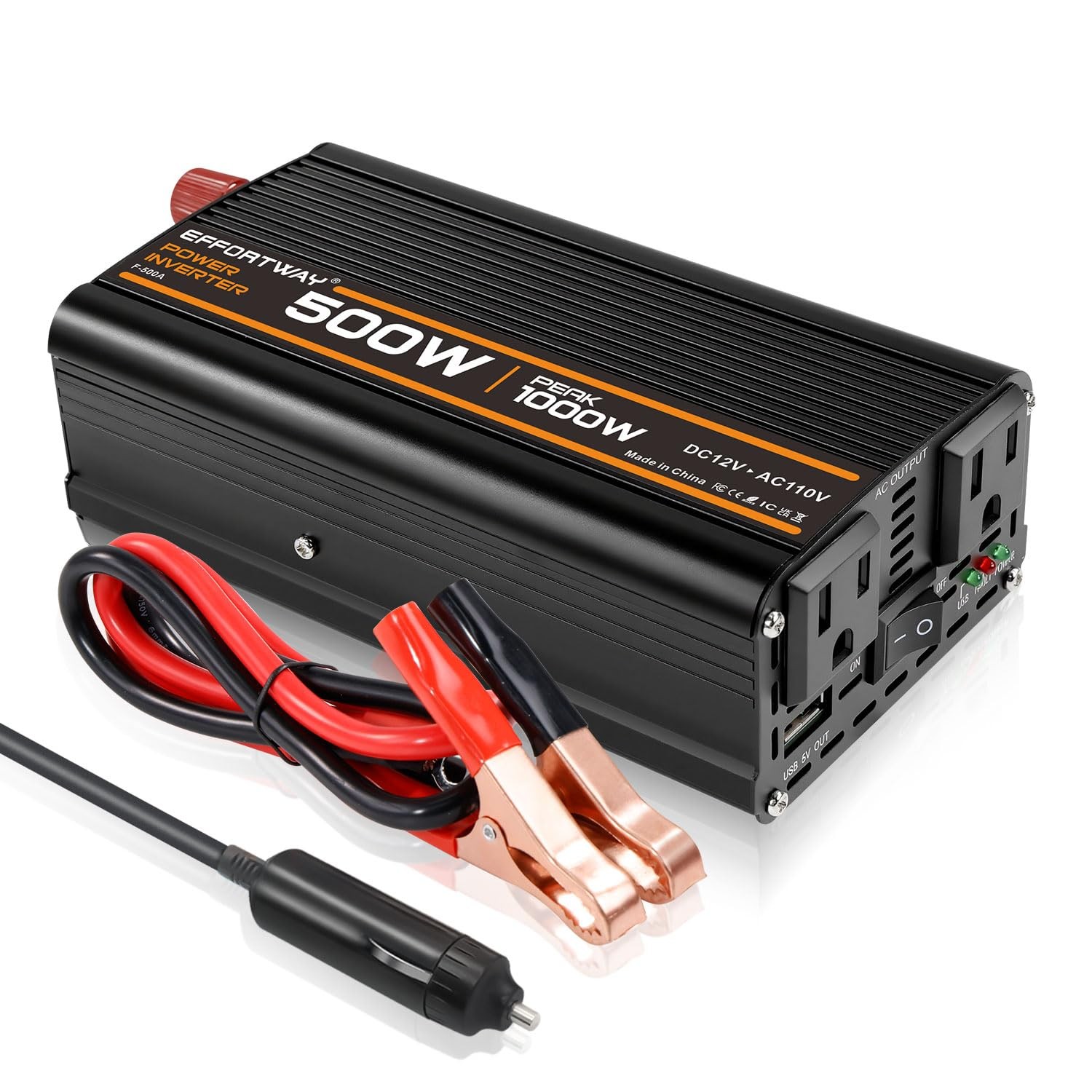 500W Car Power Inverter DC 12V To 110V AC Converter 2.1A USB Alligator Clamp