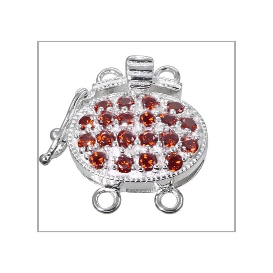Fine Sterling Silver 2 Strands Oval Box Clasp with Secure Lock CZ Garnet #51594