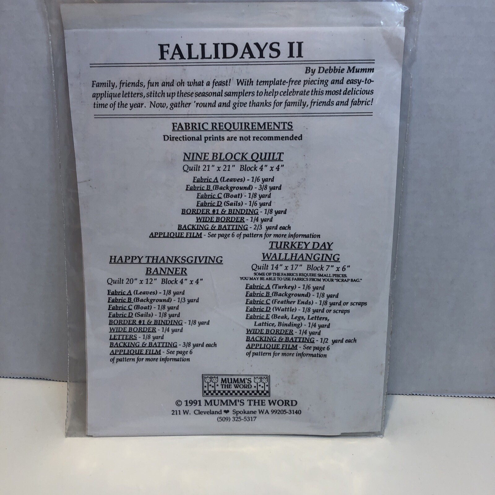 Fallidays 2 Quilt Pattern Mumm's the Word Thanksgiving