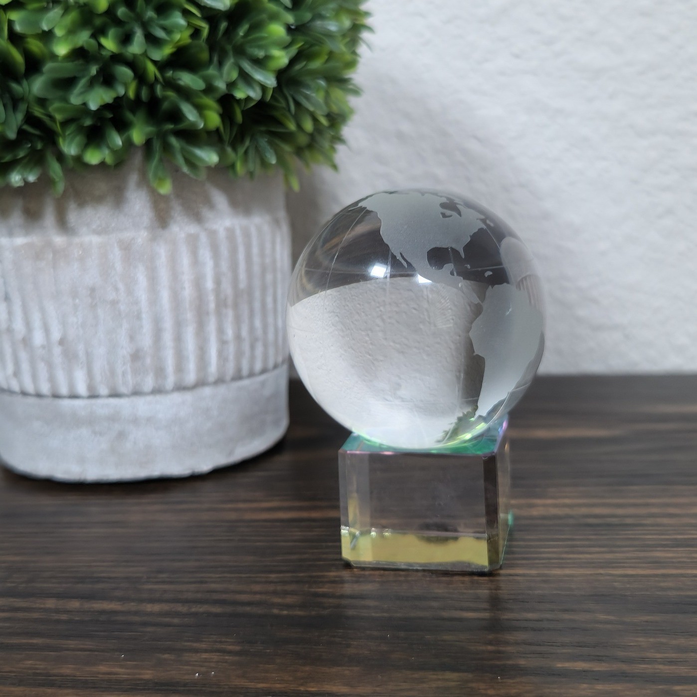 Crystal World Etched Globe Desk Decor with Iridescent Base Paperweight