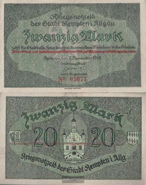 Kempten Notgeld the City Kempten used (III) 1918 20 Mark