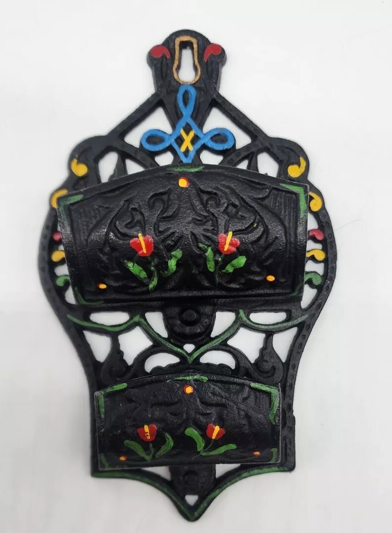 Vintage Wilton Polychrome Cast Iron Wall Mount Kitchen Double Match Holder Safe