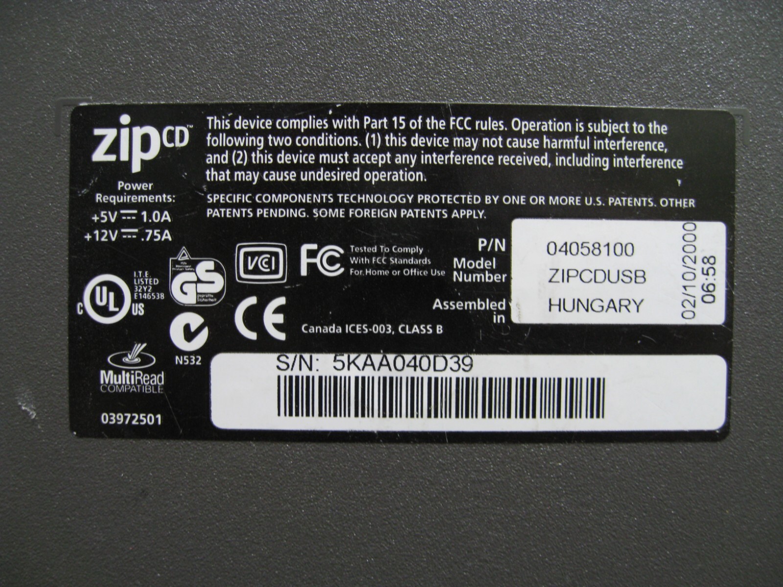 IOMEGA USB ZIP CD 650 Drive ZIPCDUSB external drive surplus- No Cables No PS