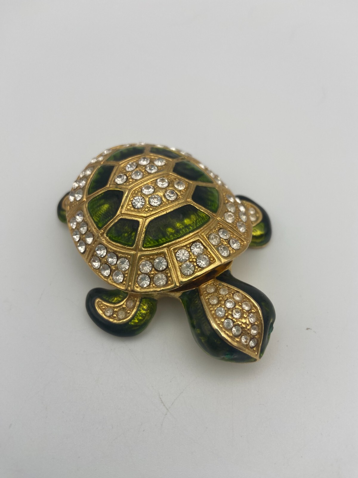 Metal Rhinestone Green Turtle Trinket Box